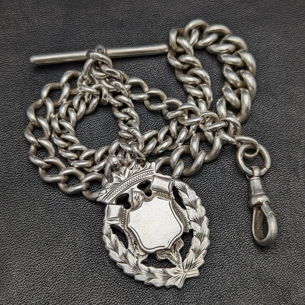 1900年頃 英国アンティーク 純銀(925シルバー)アルバートチェーン 56g 純銀エンブレムフォブ